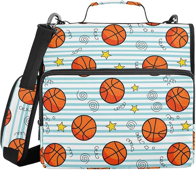 Basketball Stars Print Zipper Binder Bag 3 Ring with Shoulder Strap & Handle Multi Pocket Binder Organizer Bag Large Capacity for School Office Supplies