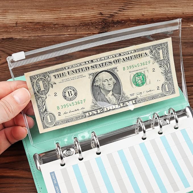 60pcs Transparent A6 Binder Pockets 6 Holes Zipper Folders PVC Card Loose Leaf Bags Cash Envelopes for Budgeting Binder Waterproof Filing Bags for 6 Ring Notebook Planner Inserts