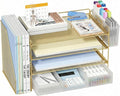 ECOLOVI Desk Organizer, 4-Tier Paper Organizer Letter Tray with File Holder, Drawer and 2 Pen Holders, Desktop File Organizer for Office Supplies, Workspace Storage, Gold