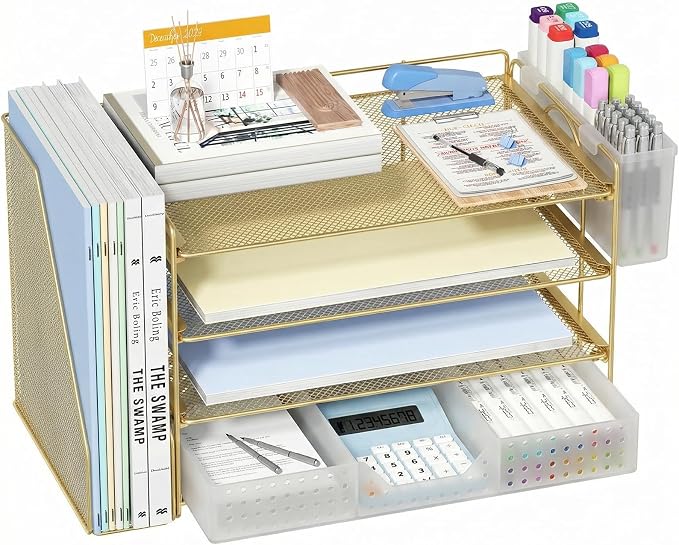 ECOLOVI Desk Organizer, 4-Tier Paper Organizer Letter Tray with File Holder, Drawer and 2 Pen Holders, Desktop File Organizer for Office Supplies, Workspace Storage, Gold