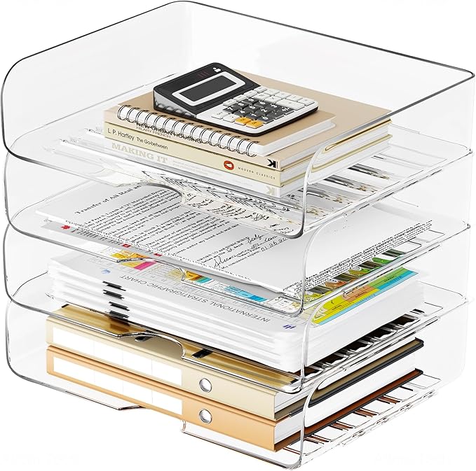 Tomorotec 4 Pack Clear Stackable Letter Tray, A4 Desk File Organizer Set | Durable PET Anti-Skid Base For Home, School Or Office Document Paper Storage. Side Load Access Design, Landscape