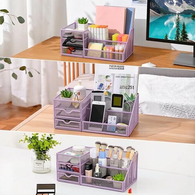 Lavatino Mesh Desk Organizer with 6 Compartments & 2 Drawers, Larger Multi-functional Desktop and Workspace Accessories Organizer for Office, Classroom, Dorm Supplies (Purple)