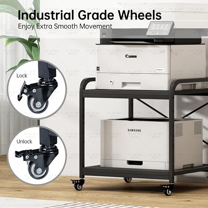 Fannova 2 Tier Under Desk Printer Stand with Storage, 20 Inches Deep Large Printer Table with Height Adjustable Shelf, Rolling Printer Cart with Wheels for Home Office - Black | Large Table Top 20"x20" for 3D/Laser Printer, Heavy Duty Industrial Wheels...