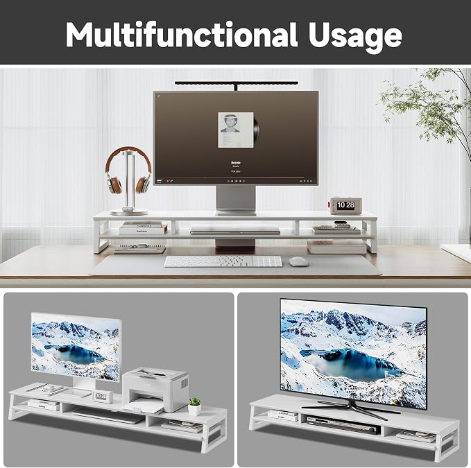 Dual Monitor Stand Riser for Desk, 41.7 Inch Large 2 Tier Computer Monitor Stand for 2 Monitors, Desktop Storage Organizer Shelf with Keyboard Space for Laptop PC Printer White