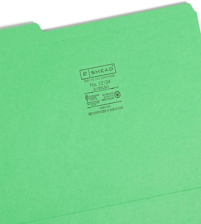 Smead File Folder, Reinforced 1/3-Cut Tab, Letter Size, Green, 100 per Box (12134)