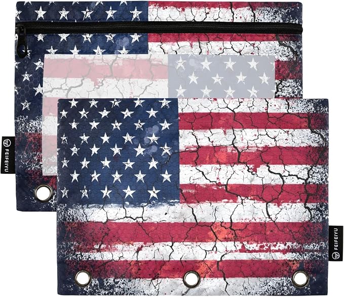 Retro American Flag Pencil Pouch for 3 Ring Binder, 2 Pack Waterproof Pencil Bags Clear Window Pencil Case Zipper School Office Supplies