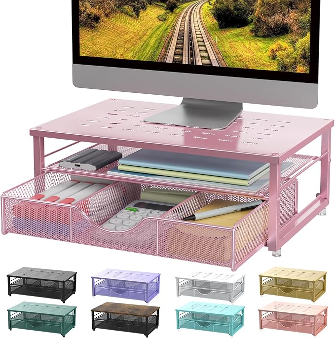 gianotter Computer Monitor Stand Riser with Drawer | Desk Organizers and Accessories Desk Accessories & Workspace Desktop Organizers Storage for Printer Stand (Pink)