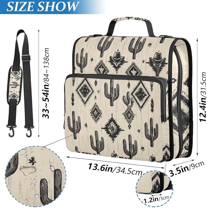 Western Cowboy Cactus 3 Ring Zipper Binder with Handle 1.5 inch Binder Organizer, Multi Pockets Office File Folder with Shoulder Strap 500 Sheet Capacity