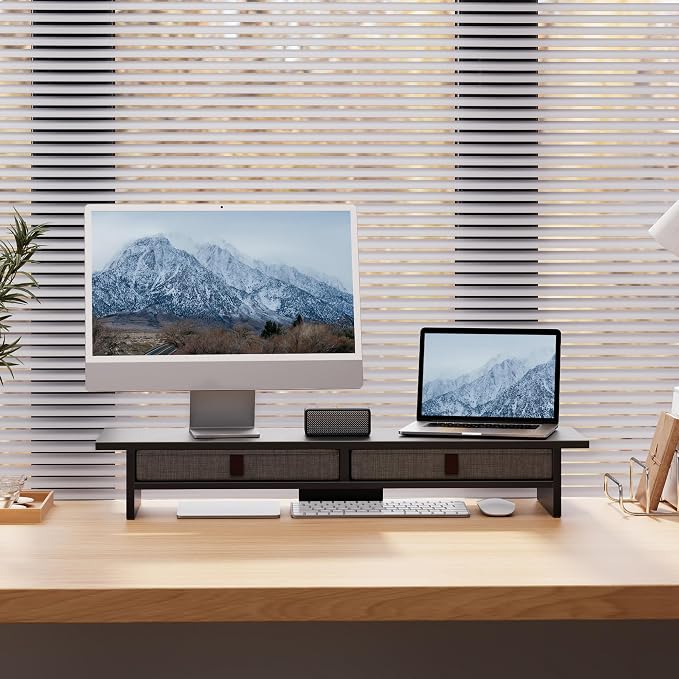 Fenge 35 Inch Monitor Stand with Drawer Storage, Computer Riser for Desk | Wooden Computer Shelf, 2 Tiers, for Dual Monitor/Laptop/PC/TV/Printer up to 55Lbs, Home Office Desk Organizer