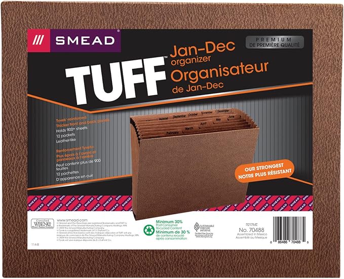 Smead TUFF Expanding File, Monthly (Jan.-Dec.), 12 Pockets, Letter Size, Redrope-Printed Stock (70488)