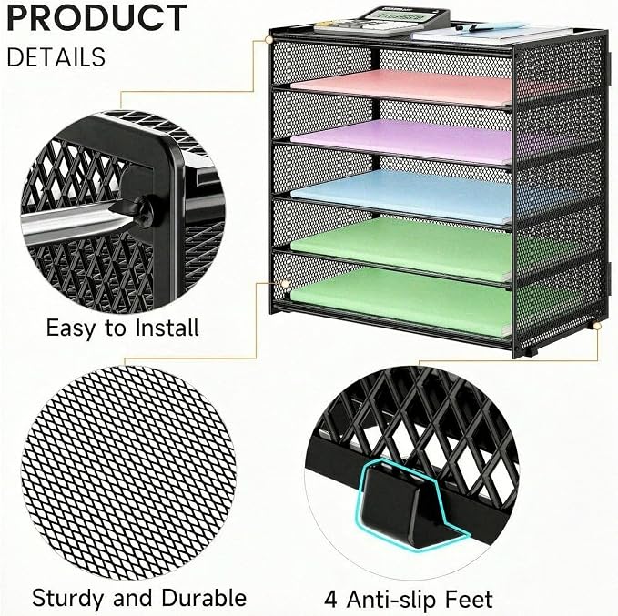 6 Trays Paper Organizer with Handle - Mesh Desk File/Letter Paper Sorter Organizer for Office, Home or School (Black with Closed top)
