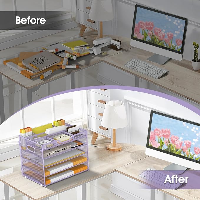 5 Tier Paper Letter Tray Desk Organizer with Pen Holders - Purple | Features 3 pen holders and 4 removable dividers.Versatile mesh desktop storage for mail, document,office supplie