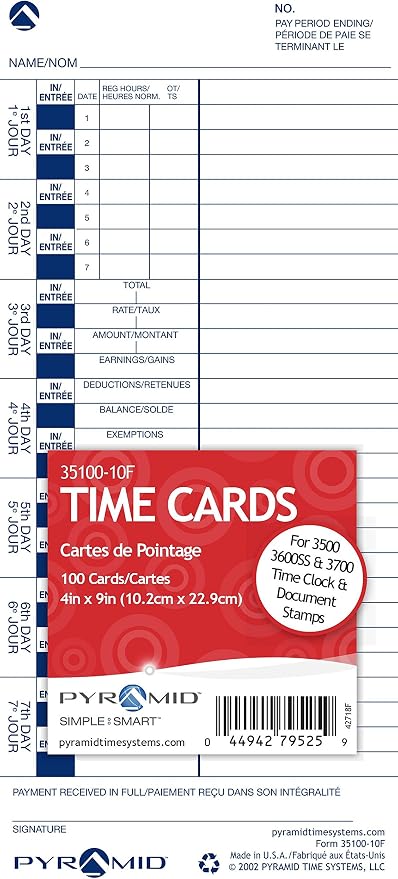 Pyramid Time Systems - English & French Time Cards (35100-10F) - 100 Cards