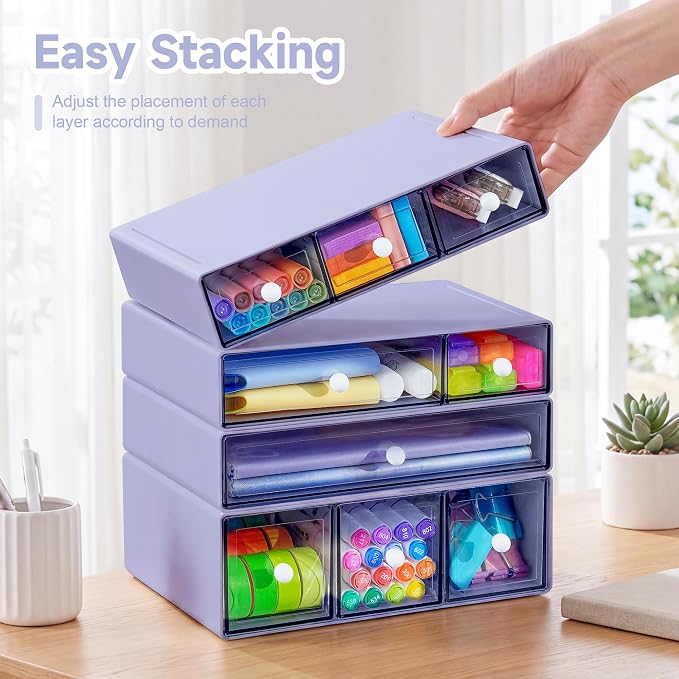 Desk Organizer with 9 Drawers, 4 Tiers Stackable Storage Drawers, Desktop Storage Box with Clear Drawers for Stationery, Makeup, Jewelry, Office and Craft Supplies (Purple)
