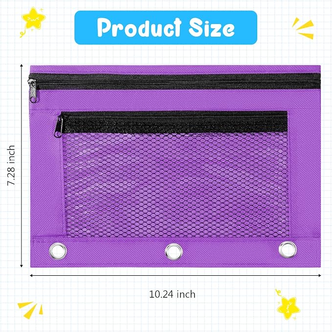 Zhehao 20 Pcs Pencil Pouch 10.24 x 7.28 Inch 3 Ring Binder Zipper Pouches Pencil Bags with Mesh Window Binder Pencil Case for Office School Students Supplies (Purple)