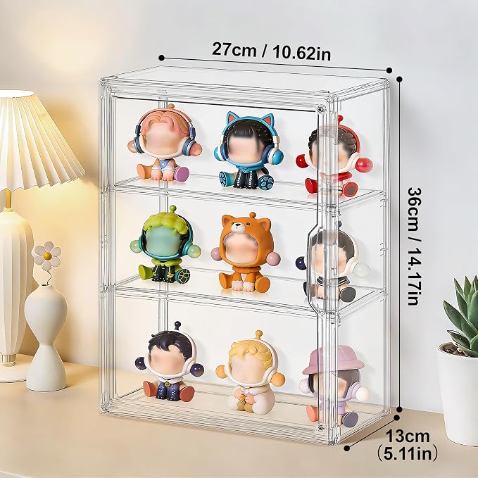 1 Pack ﻿3-Tier Clear Acrylic Display Case Wall-Mounted & Stackable Organizer with Magnetic Door, Dustproof Storage Cabinet for Collectibles Handmade Models (1, 10.6"(L) x 5.1"(W) x 14.2"(H))