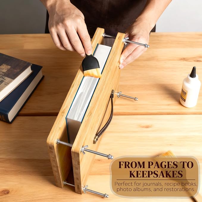 Pressandco Book Press – 14.6" x 11.6" Wooden Bookbinding Press with Leather Handle for Binding Books, Repair, Rebinding & Paper Craft – Includes Tools: 10 Binder Boards & Bookbinding Cloth