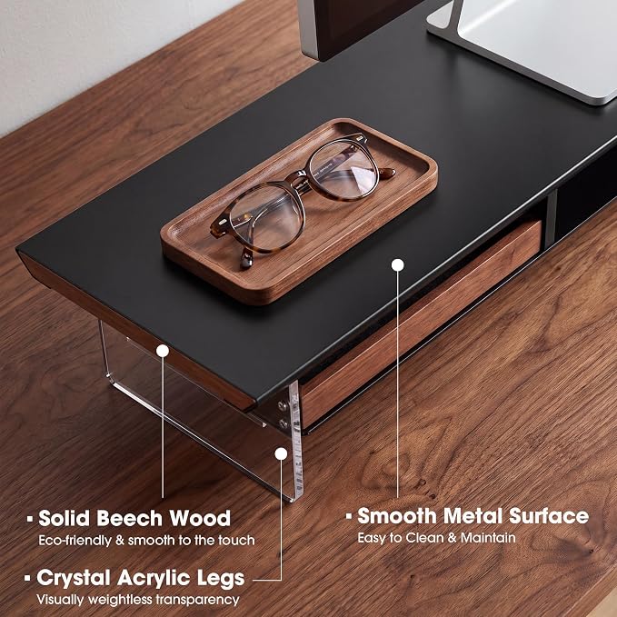 Fenge 42.5-Inch Monitor Stand with 2 Flexible Drawers, Black | Metal Shelf, Solid Wood Accents, Clear Acrylic Legs, Modern Desktop Organizer for Dual Monitors, Laptop & Printer