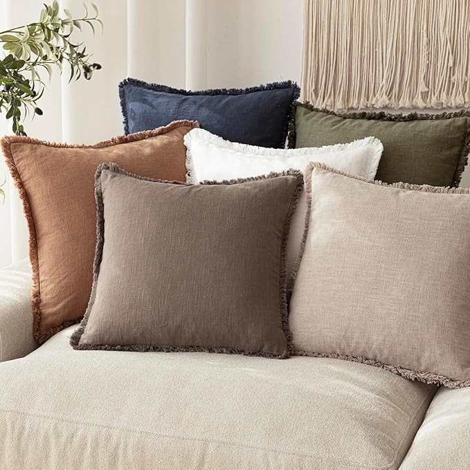 Foindtower Set of 2 Decorative Linen Fringe Lumbar Throw Pillow Covers Farmhouse Cushion Cover with Tassels Accent Pillowcase for Couch Sofa Bed Living Room Home Decor,12×20 Inch,Natural Linen