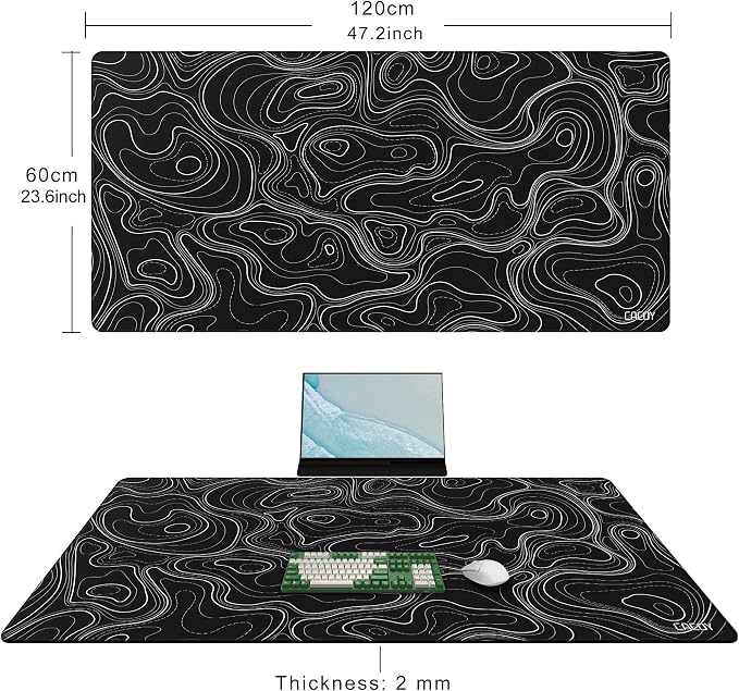 Cacoy 48" x 24" Black Topographic Gaming Mouse Pad, Non-Slip Large Desk Mat | Contour Line Extended Desktop Mat with Stitched Edges Textured Surface Keyboard Mouse Mat Optimized for Gamer Computer Laptop