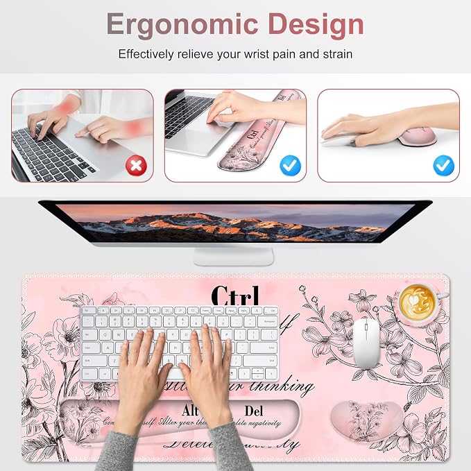 Large Gaming Mouse Pad Pink Floral, Ergonomics Keyboard Desk Mat with Wrist Rest, Cute Extended Game Mousepad, Non-Slip Desk Matt Easy Typing I Inspirational with Positive Quotes Ctrl Alt Del