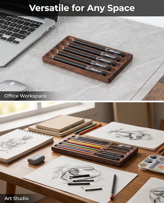 Pen holder Organizer of Office desks,Walnut Desk Pen Stand,Wave Pen TrayOffice Accessory,Teacher Gifts,Suitable for School,Home,Office Desktop Art Accessories (Walnut-5 Grid)