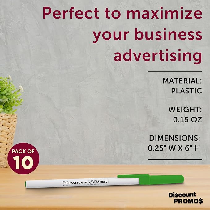 DISCOUNT PROMOS Custom Value Stick Pens Set of 10, Personalized Bulk Pack - Black Ink, Great for Office, School, Business, Tradeshows, Events - Green