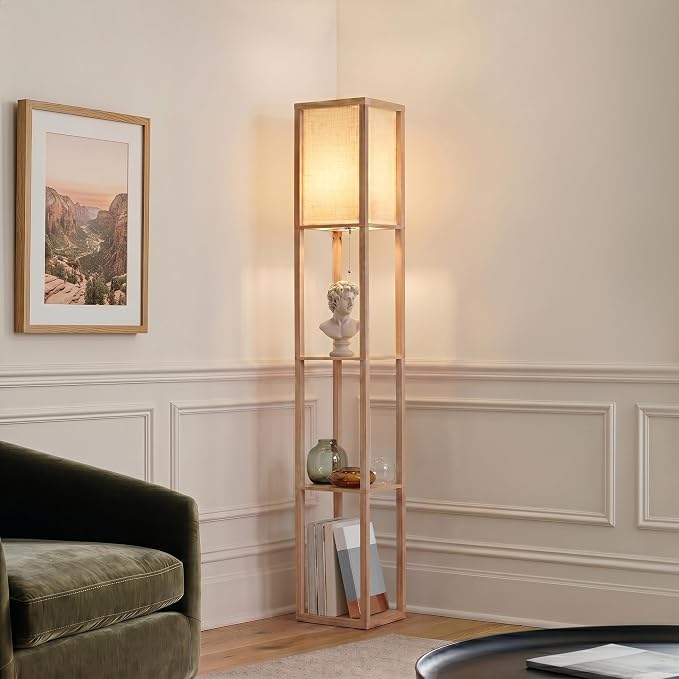 Brightech Maxwell - Modern Shelf Floor Lamp with Lamp Shade & Warm White LED Bulb, Corner Display Floor Lamp with Shelves for Living Room, Bedroom, Nightstand Office, Home Decor Storage - Natural Wood