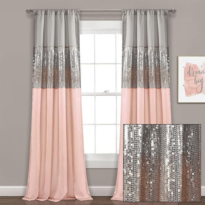 Lush Decor Night Sky Window Curtain Panel, Single 42"W x 108"L Gray & Blush - Sequin Backdrop Curtain - Room Darkening Curtains For Bedroom - Glam Decor