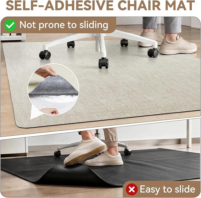 Office Chair Mat for Hardwood Floor Non Slip Protector Beige 35"x53" | PU Self-Adhesive Rolling Chair Mat for Under Desk, Large Duty Hard Floor Protectors for Wood/Tile, Desk Rug for Home Office