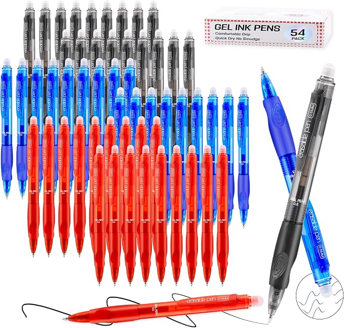 USUAL 54 Pack Retractable Erasable Gel Pens Clicker, Black Blue Red Ink for Planners,Fine Point(0.5mm),Make Mistakes Disappear, Premium Comfort Grip, Smooth Writing Pen Office Back-to-School Supplies