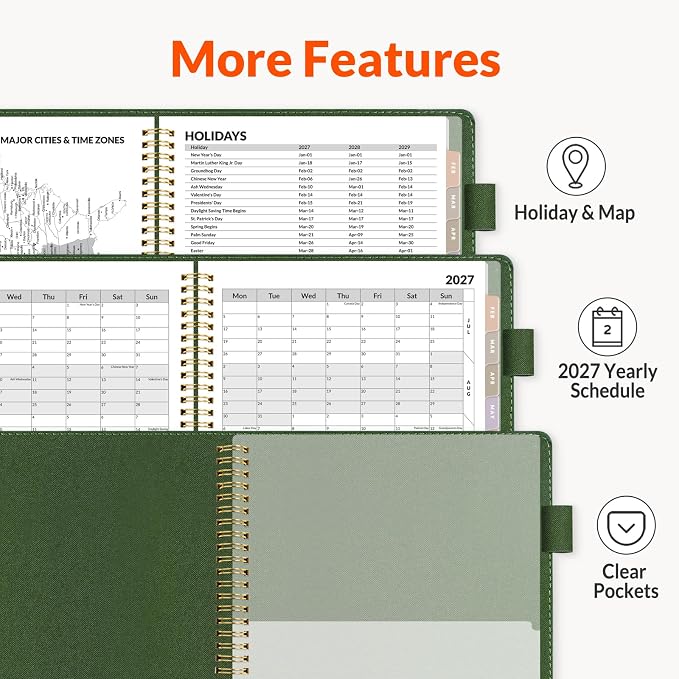 SUNEE 2027 Weekly & Monthly Planner 6.2"x8.5"- 12 Month (January 2027 - December 2027), Vegan Leather Cover, Pocket, Bookmark, Notes, Monthly Tab, Deep Green