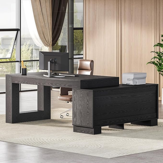 LITTLE TREE L Shaped Executive Desk, Large 63" Executive Desk with File Cabinet, Modern L Shaped Desk, Corner Computer Desk for Home Office & Business Furniture Workstation, Black