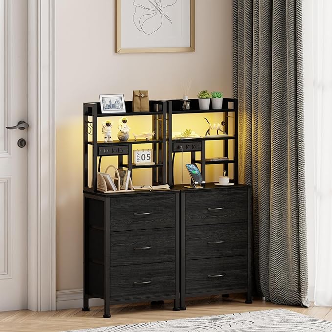 Black Nightstand with Bookshelf, Tall Bedside Table & Night Stand | 3 Fabric Drawers & LED Lights, 45.3" Bed Side & End table with Charging Station in Bedroom, Dorm, Metal Frame, Wood Shelves