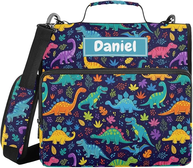 Custom Dinosaurs Leaves Black Print 3 Ring Zipper Binder with Shoulder Strap & Handle 1.5 Inch D-Ring Zippered Bag with Multiple Pocket, Personalized Binder Organizer for School or Office