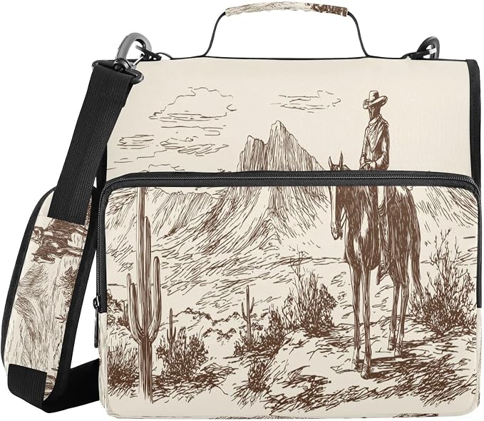 Western Desert Cowboy Zipper Binder for School with Shoulder Strap & Extra Pockets - 1.5 Inch 3-Ring Binder Holds 500+ Sheets, Textbooks, Laptop