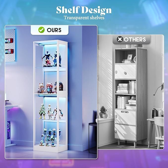 AMERLIFE 18-Inch RGB Open Display Cabinet | 70 H x 18 W x 14 D In, 4-Tier Storage, Adjustable Shelves, RGB LED Lights, Open Design, White