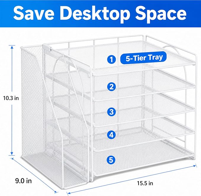 Desk Organizer, 5-Tier Paper Organizer Letter Tray, White | Desk Organizers and Accessories, Office Desk Accessories & Workspace Organizers, Desktop File Organizer for Office Supplies