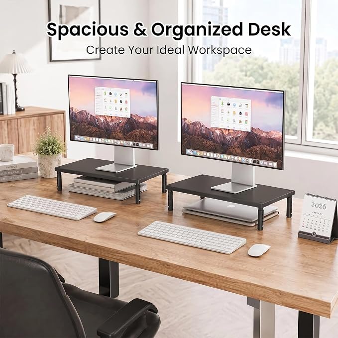 Adjustable Monitor Stand Riser for Desk, Wood Computer & Laptop Stand, Desk Organizers and Accessories, Office Desk Accessories & Workspace Organizer for Home Office Supplies, Black