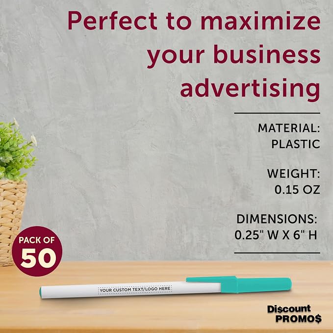 DISCOUNT PROMOS Custom Value Stick Pens Set of 50, Personalized Bulk Pack - Black Ink, Great for Office, School, Business, Tradeshows, Events - Teal