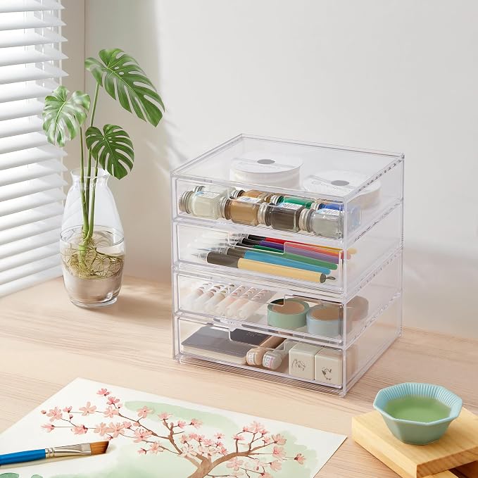 STORi Stackable Desk Drawer Organizer, Clear Pen Pencil Makeup Brush Holder for Desktops and Vanities, 4 Wide Drawers (Made in USA)