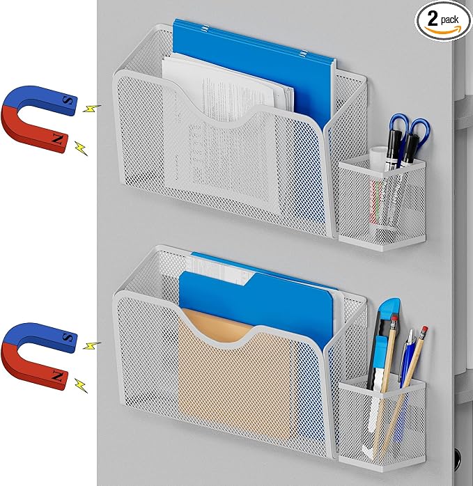 JANE EYRE Magnetic File Holder - 2pcs Hanging File Organizer Magazine Document Paper Holders with 2pcs Pen Holders for Classroom Cabinets Office,No Drilling(WHITE)