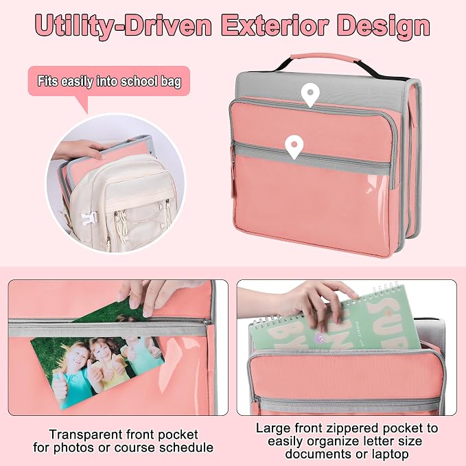 Ndsox Zipper Binder 3 Ring with Handle, 2 Inch O-Ring Document Organizer Middle School Binder with Zipper for Students, 5-Tab Expanding File Folder & 2 Mesh Pouches, DIY Clear Front Pocket, Pink