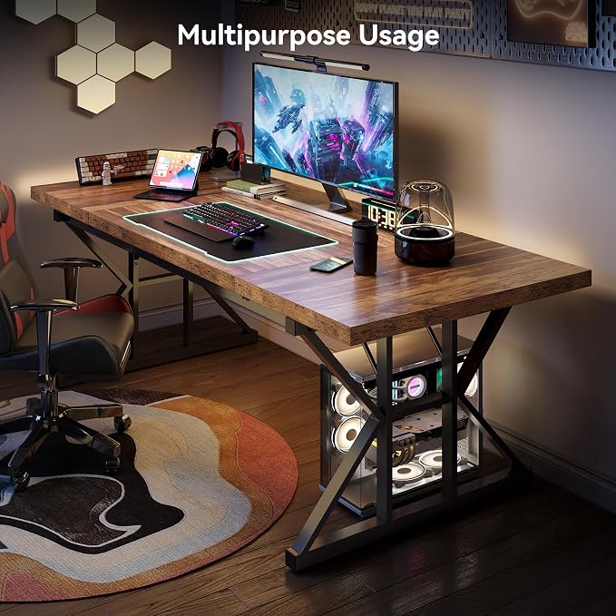 LITTLE TREE 70.8-Inch Office Desk, Wooden Executive Office Desk, Modern Work Desk, Large Farmhouse Writing Table Computer Desk for Home, Brown-Black