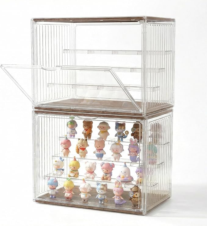 Acrylic Display Case for Collectibles, 4-Tier Clear Display Box with Removable Shelves, Stackable Organizer with Magnetic Door for Figures, 2 Pack