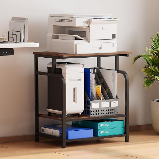 Unionly Large Rolling Printer Stand with Height Adjustable Shelf and Wheels | 3-Tier Rolling Printer Cart with Wheels, Heavy-Duty Wood Printer Table with strudy steel frame for Home Office,Rustic Brown