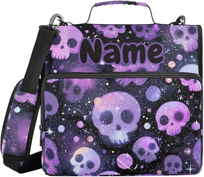 Custom Purple Skulls Black Background 3 Ring Binder Bag 1.5 inch Personalized Name Binder Organizer 500 Sheet Documents Storage for School Office