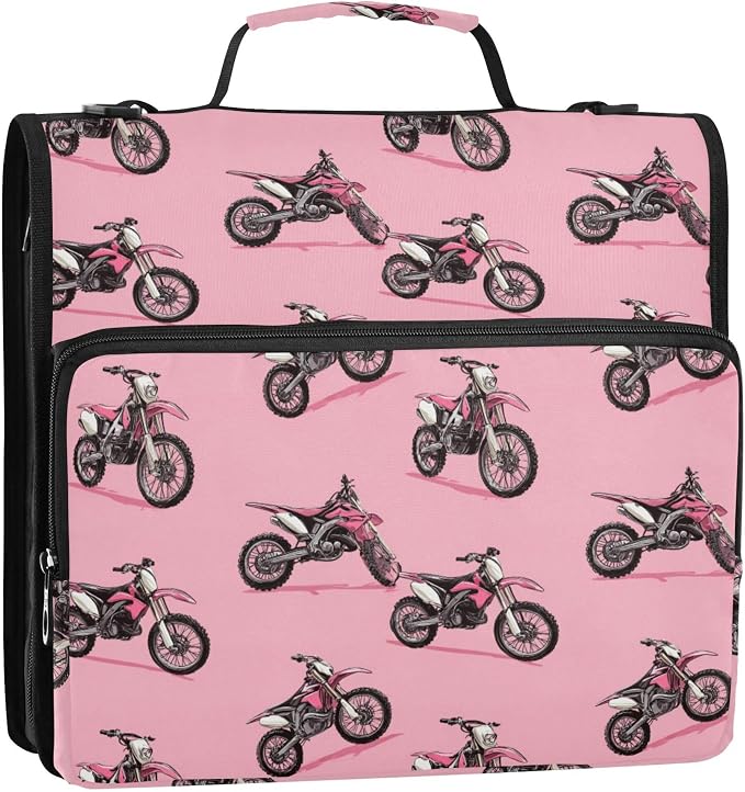 Fisyme Dirt Bike Motocycles Zipper Binder 3 Ring with Zipper and Shoulder Strap Large Capacity Multi-Pocket Binder Organizer