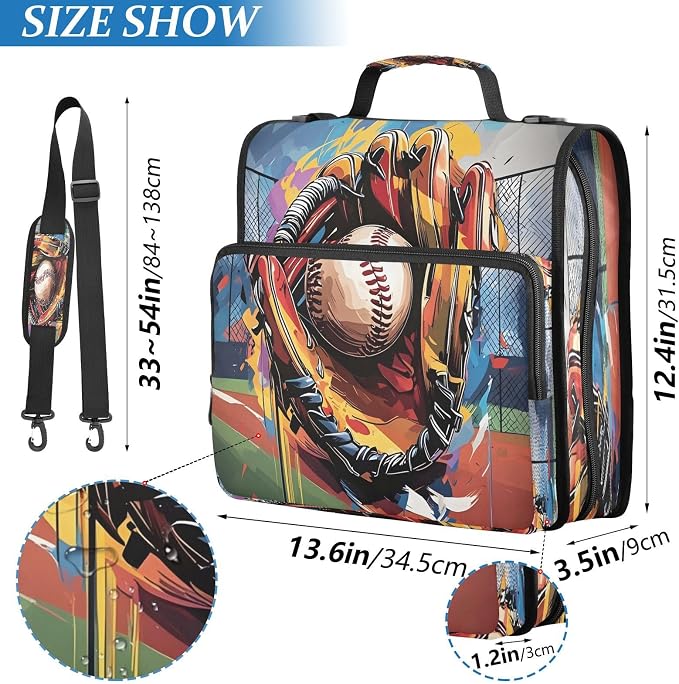 ALAZA Zipper Binder 3 Ring Baseball with Baseball Glove Binder Organizer with Zipper and Shoulder Strap Large Capacity Multi-Pocket Trapper Keeper File Folder for Office Supplies