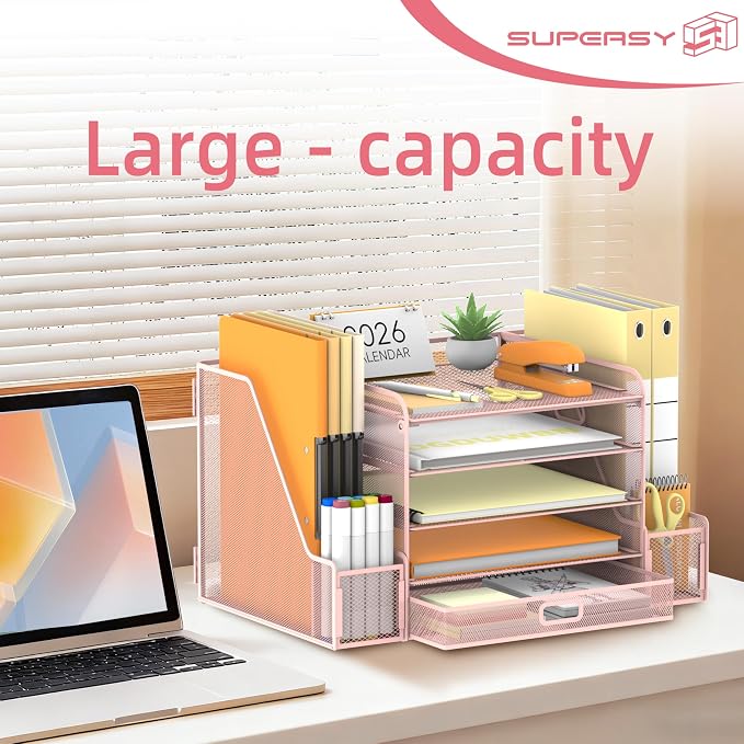 Mesh Desk Organizer with File Holder, 5-Tier Paper Letter Tray Organizer with Magazine Holder, Desktop Organizer and Storage with Drawer for Office Supplies Home or School (Pink) | Two side magazine holders and a bottom drawer store papers, folders, no...